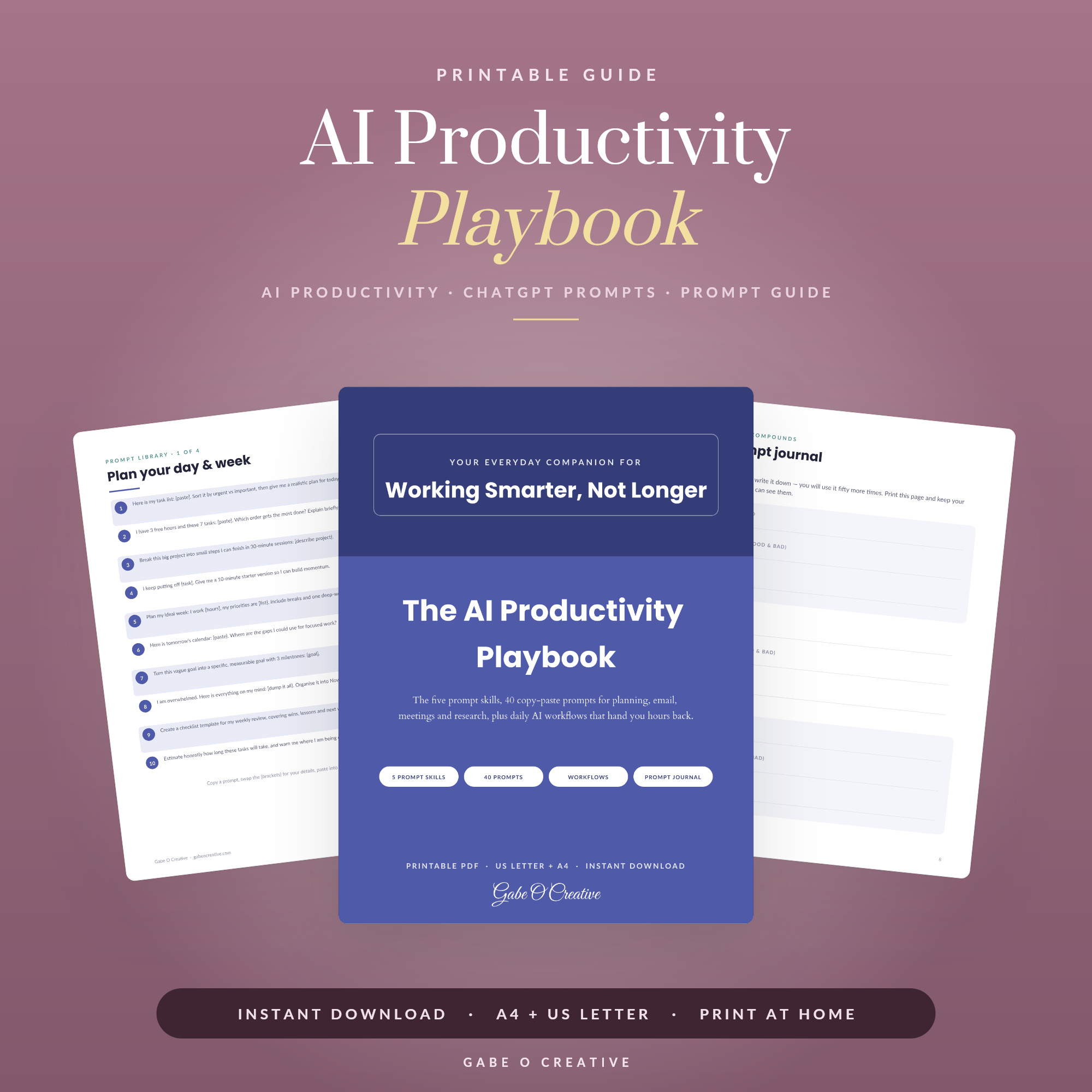 AI Productivity Playbook, 40 ChatGPT Prompts for Work, Time Management and Focus, AI Workflow Guide for Beginners, Printable PDF