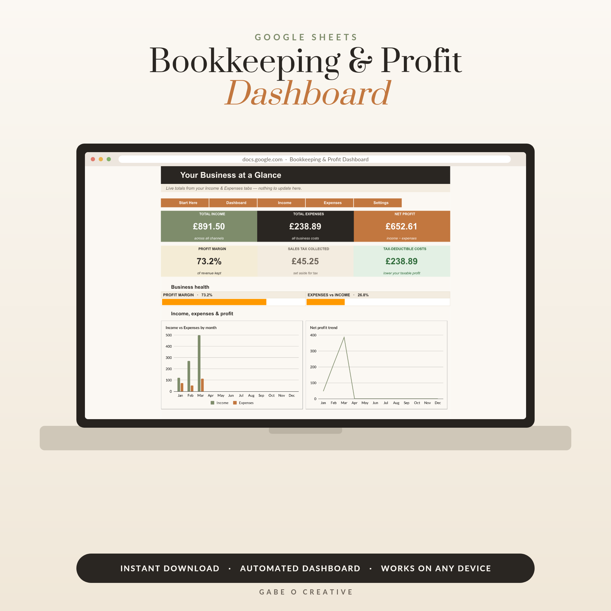Small Business Bookkeeping & Profit Dashboard, Google Sheets Template, Automated P&L, Income Expense Tracker