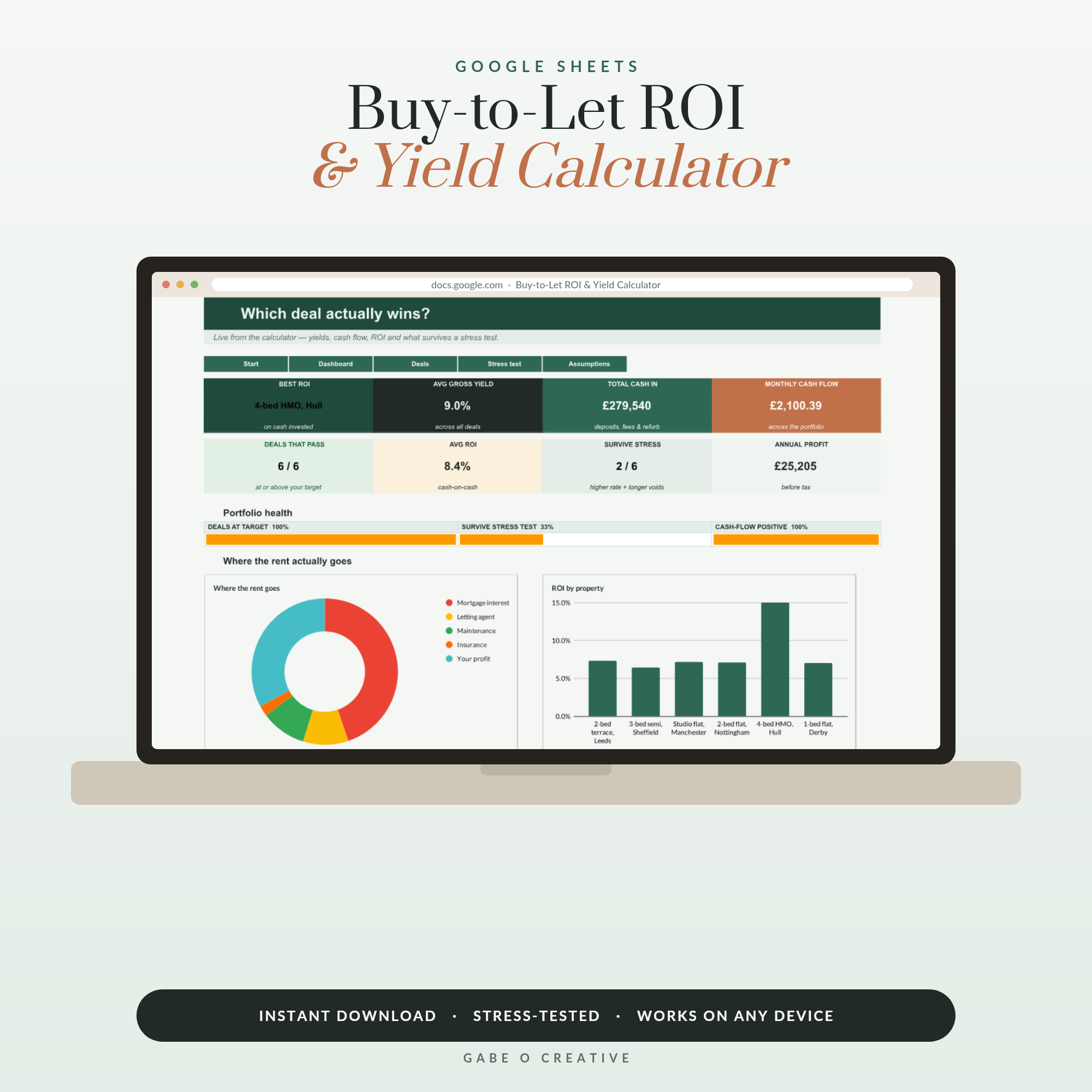 Buy to Let ROI Calculator Google Sheets, Rental Yield & Cash Flow Spreadsheet with Stress Test, Deal Comparison & Cash-on-Cash Return