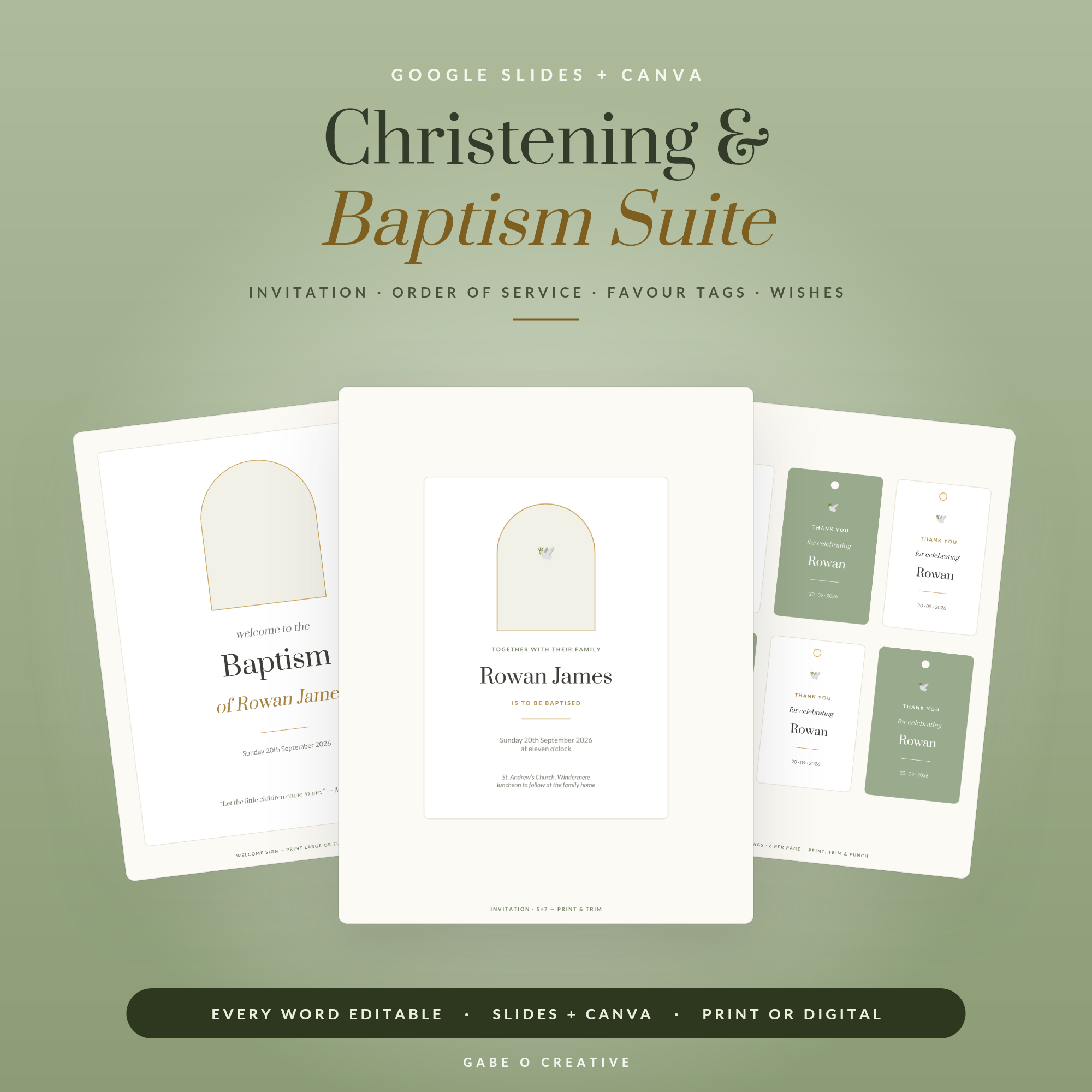 Christening & Baptism Suite — Editable Invitation & Party Templates for Google Slides & Canva: Invitation, Welcome Sign, Order of Service, Favour Tags, Guest Wishes & Thank You
