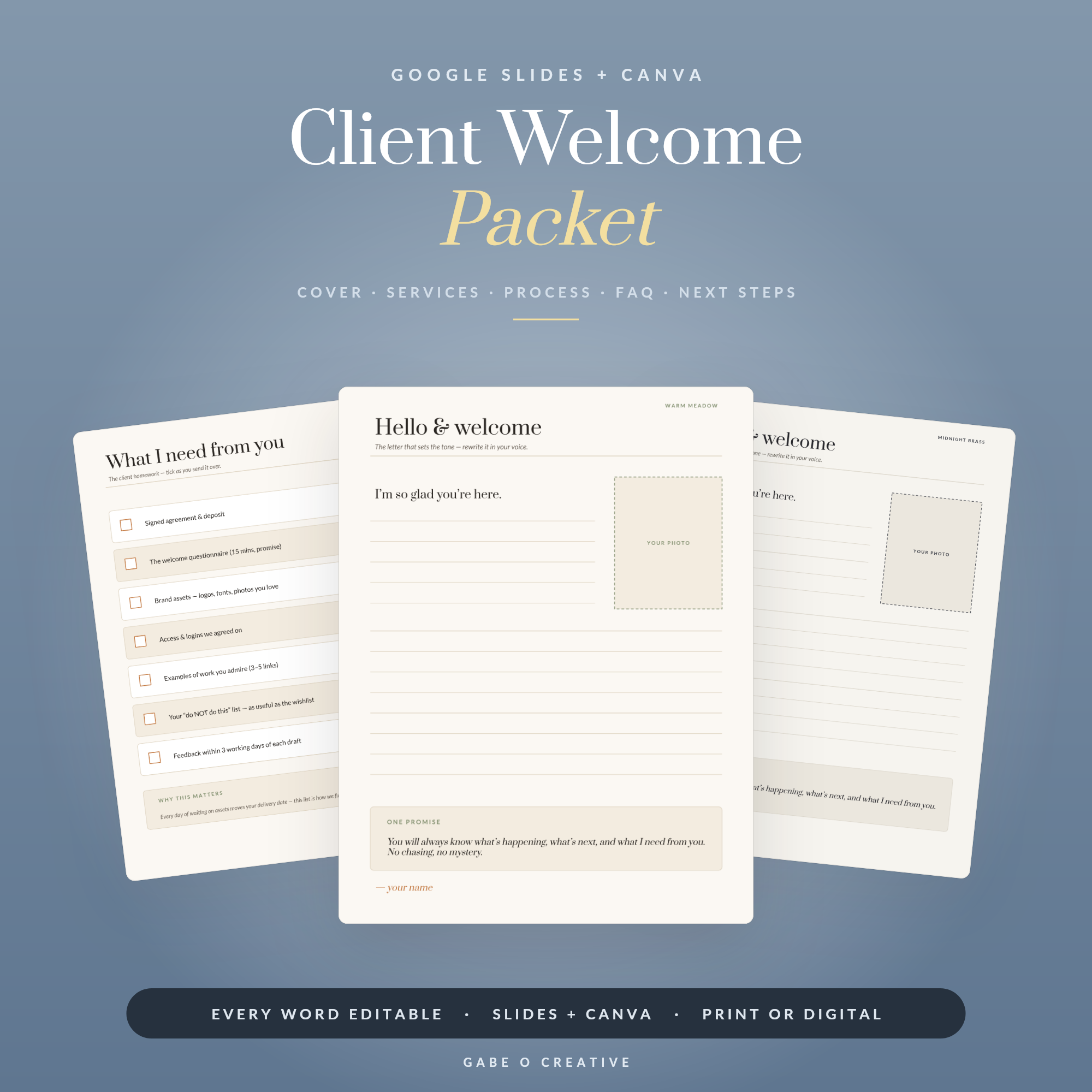Client Welcome Packet — Editable Google Slides + Canva Template for Freelancers & Coaches: Welcome Letter, Services, Process, FAQ, 2 Themes