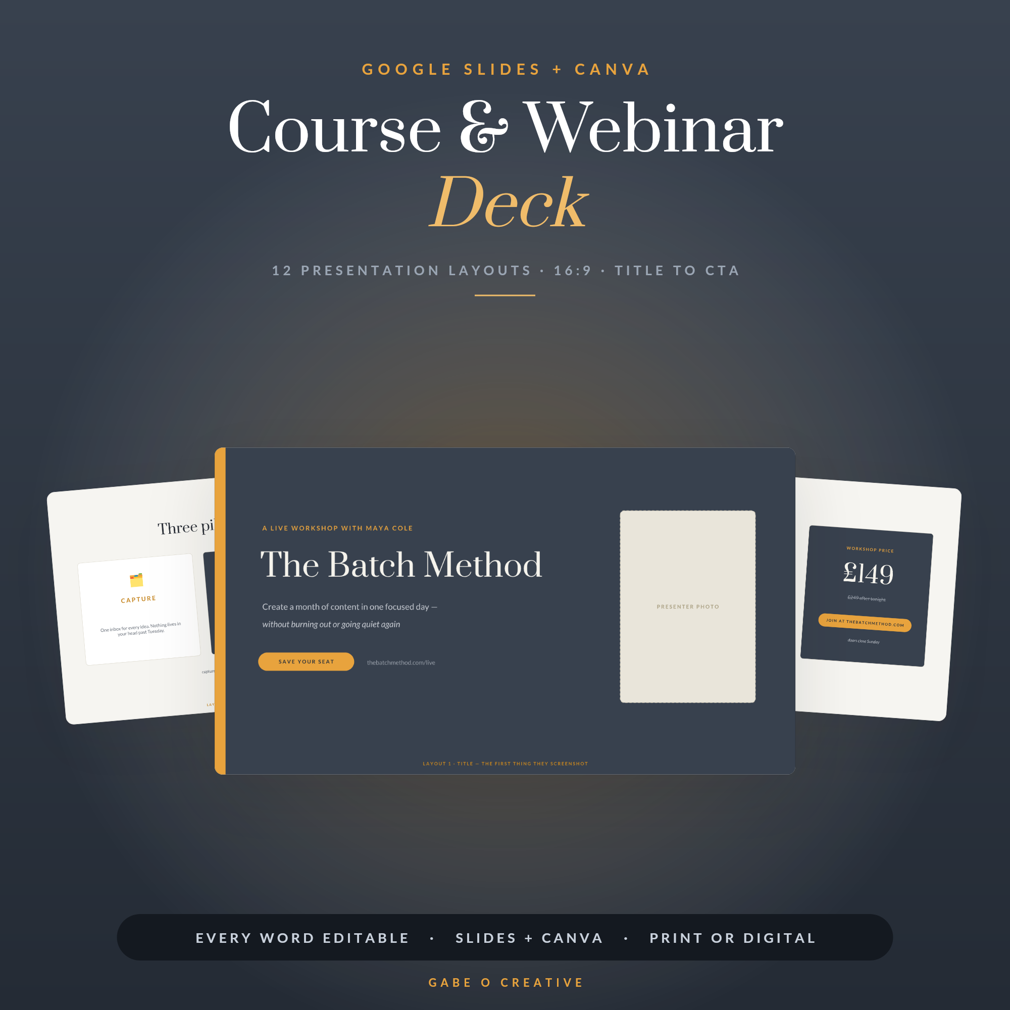 Course & Webinar Slides — 12 Editable Presentation Templates for Google Slides & Canva: Title, Agenda, Framework, Quote, Offer & CTA Layouts, 16:9