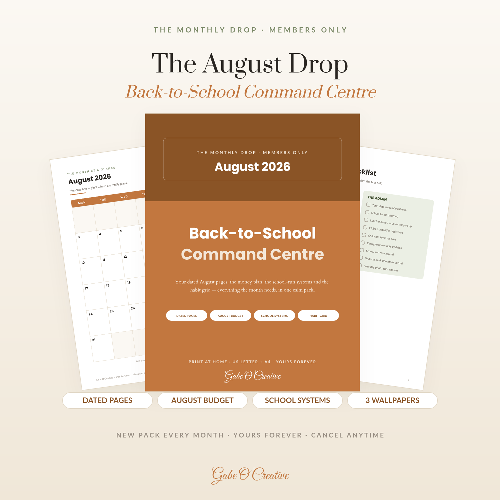 The August Drop — Members' Monthly Pack: Dated August 2026 Planner Pages, Budget, Back-to-School Command Centre, 31-Day Habit Grid + Phone Wallpapers
