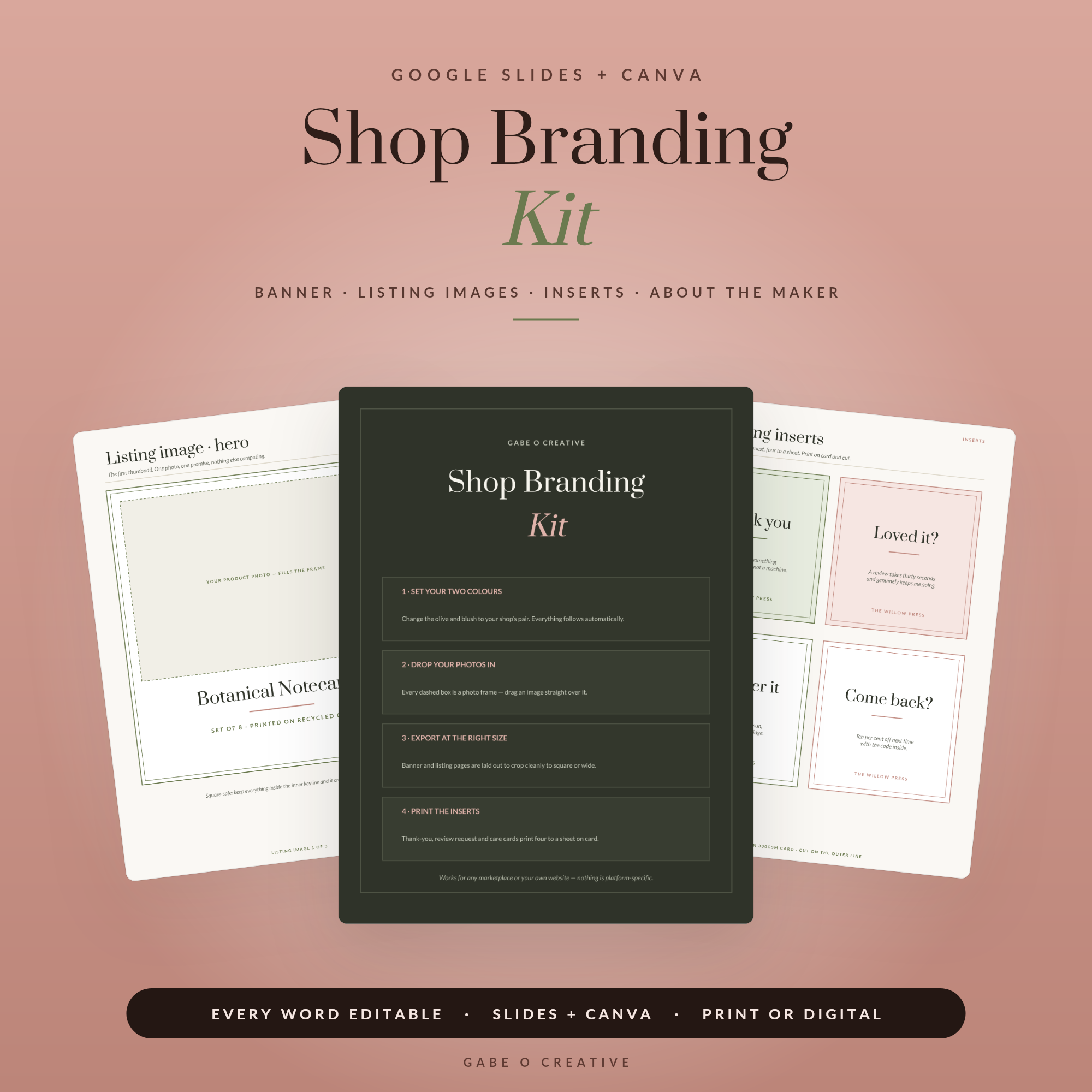 Shop Branding Kit Editable Template for Google Slides & Canva, Shop Banner, Listing Image Layouts, Packaging Inserts & About the Maker Page