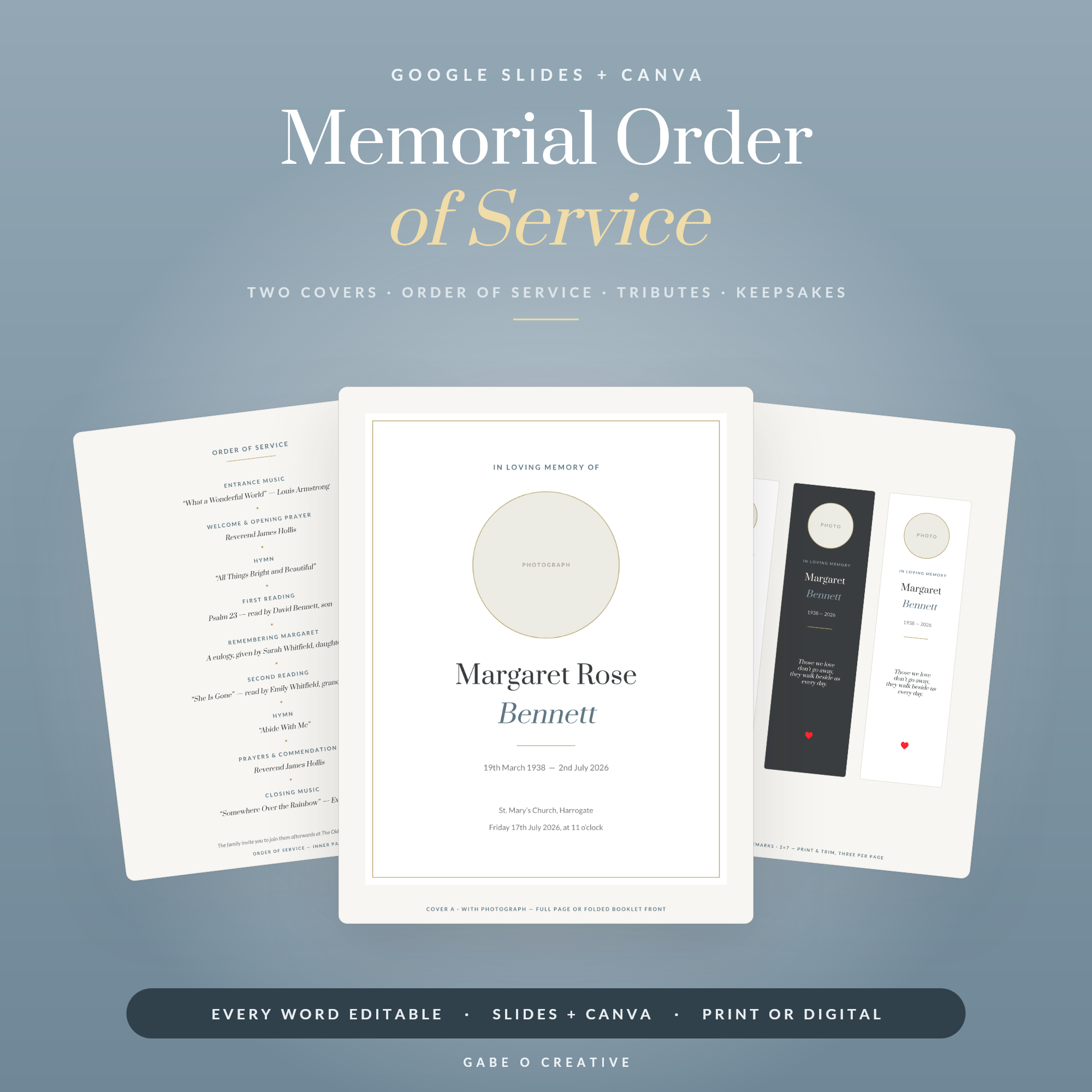 Memorial Order of Service — Editable Funeral Program Template for Google Slides & Canva: Two Covers, Service Order, Hymns, Photo Tribute, Thank You Cards & Bookmarks