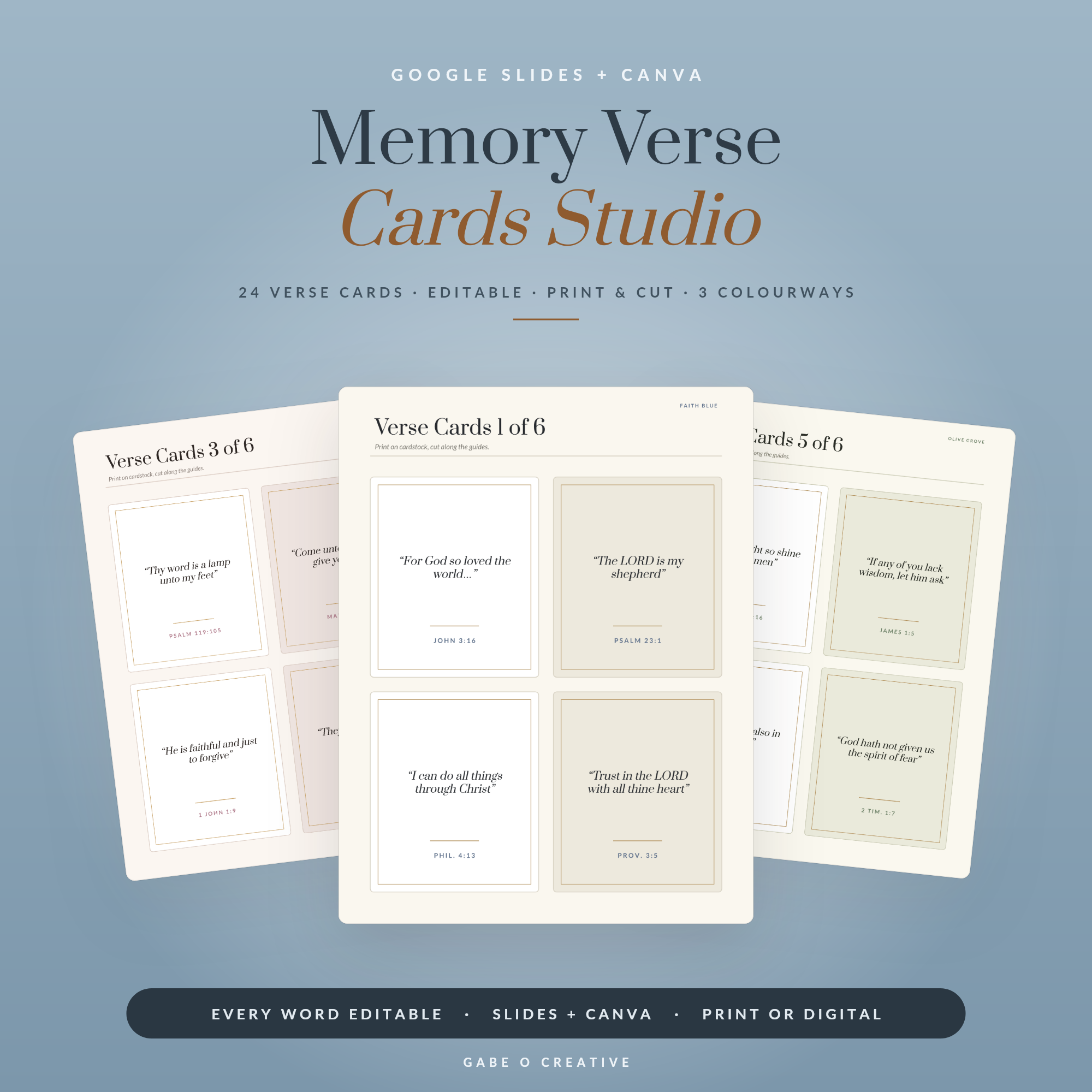 Memory Verse Cards — 24 Editable Scripture Cards, Google Slides + Canva Template: Print & Cut Bible Verse Cards for Kids & Adults