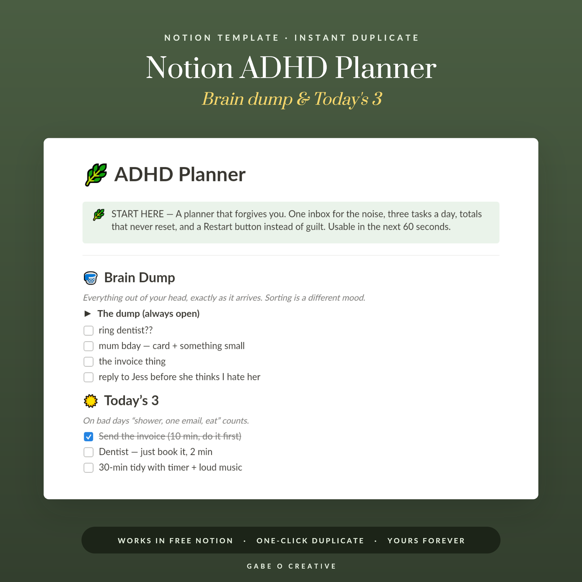 Notion ADHD Planner — ADHD-Friendly Template for Notion: Brain Dump Inbox, Today's 3, Energy-Labelled Task Shelf, Wins Jar & No-Guilt Restart