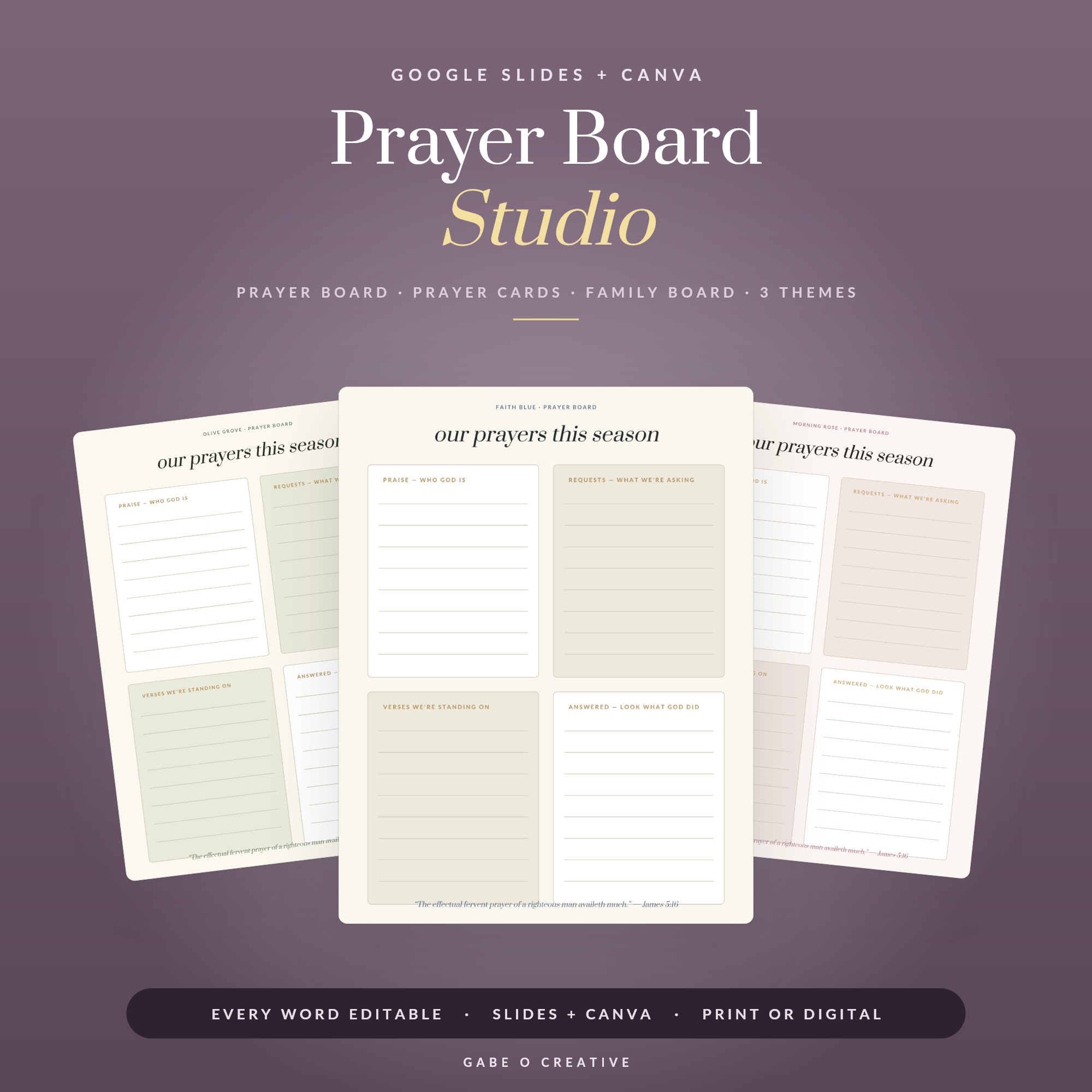 Prayer Board Studio — Editable War Room Prayer Wall Kit, Google Slides + Canva Template: Boards, Prayer Cards & Family Edition, 3 Themes