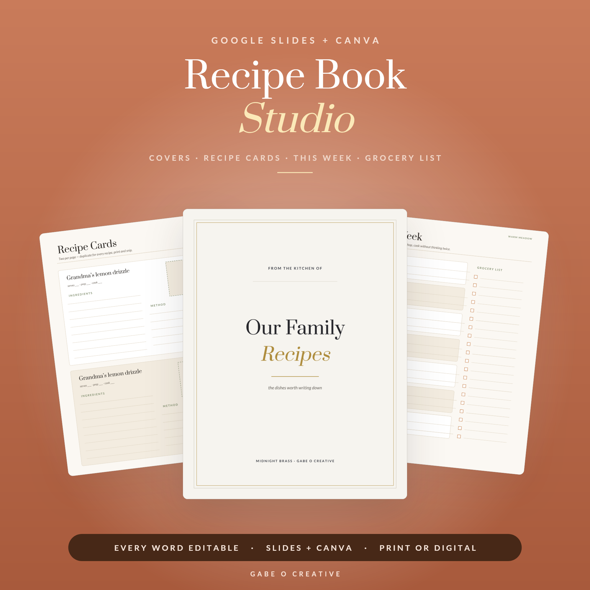 Recipe Book Studio — Editable Google Slides + Canva Recipe Binder: Recipe Cards, Meal Plan & Grocery List, 3 Themes, Family Cookbook Template