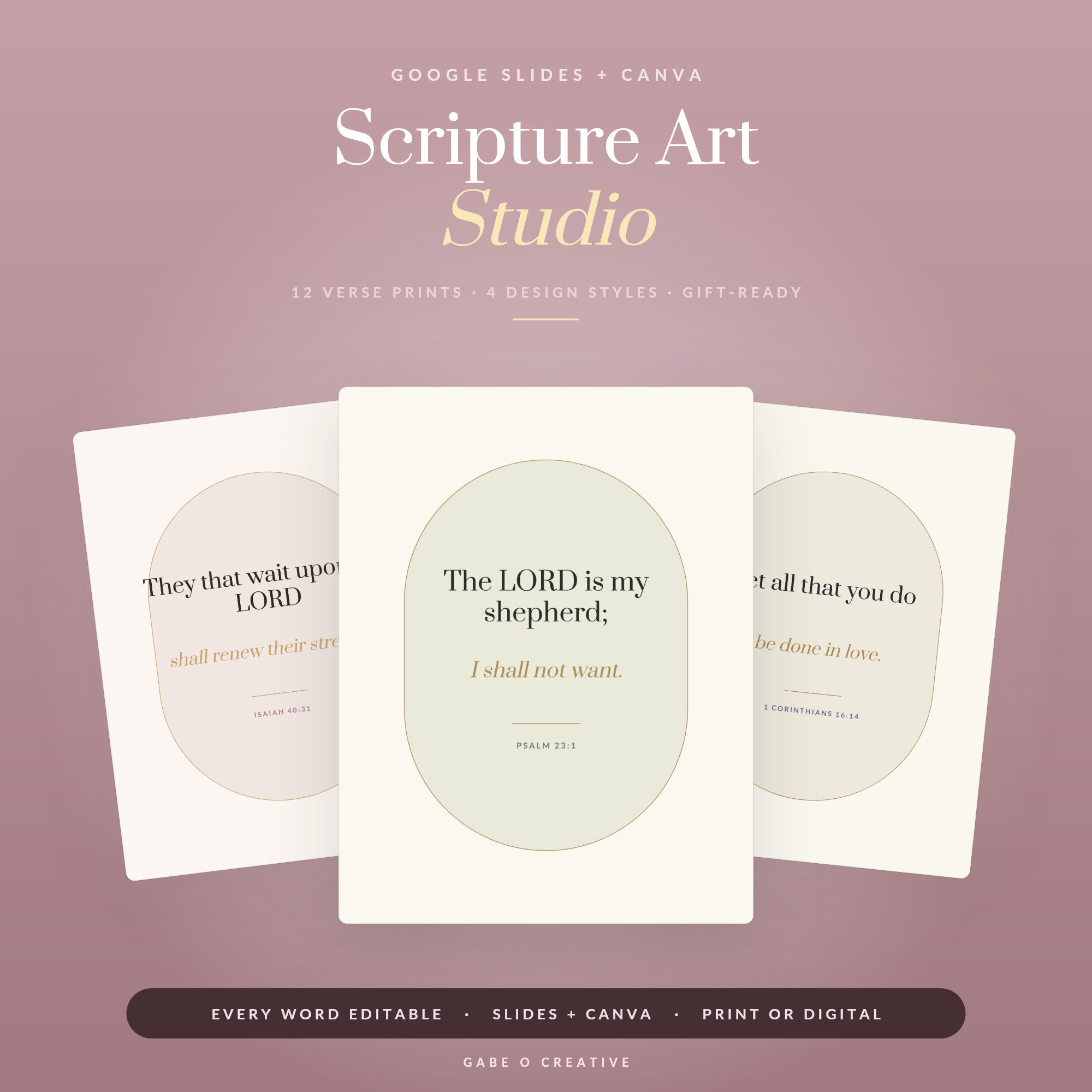 Scripture Wall Art Studio — 12 Editable Bible Verse Prints, Google Slides + Canva Template: Psalm 23, Philippians 4:13, Printable Christian Decor