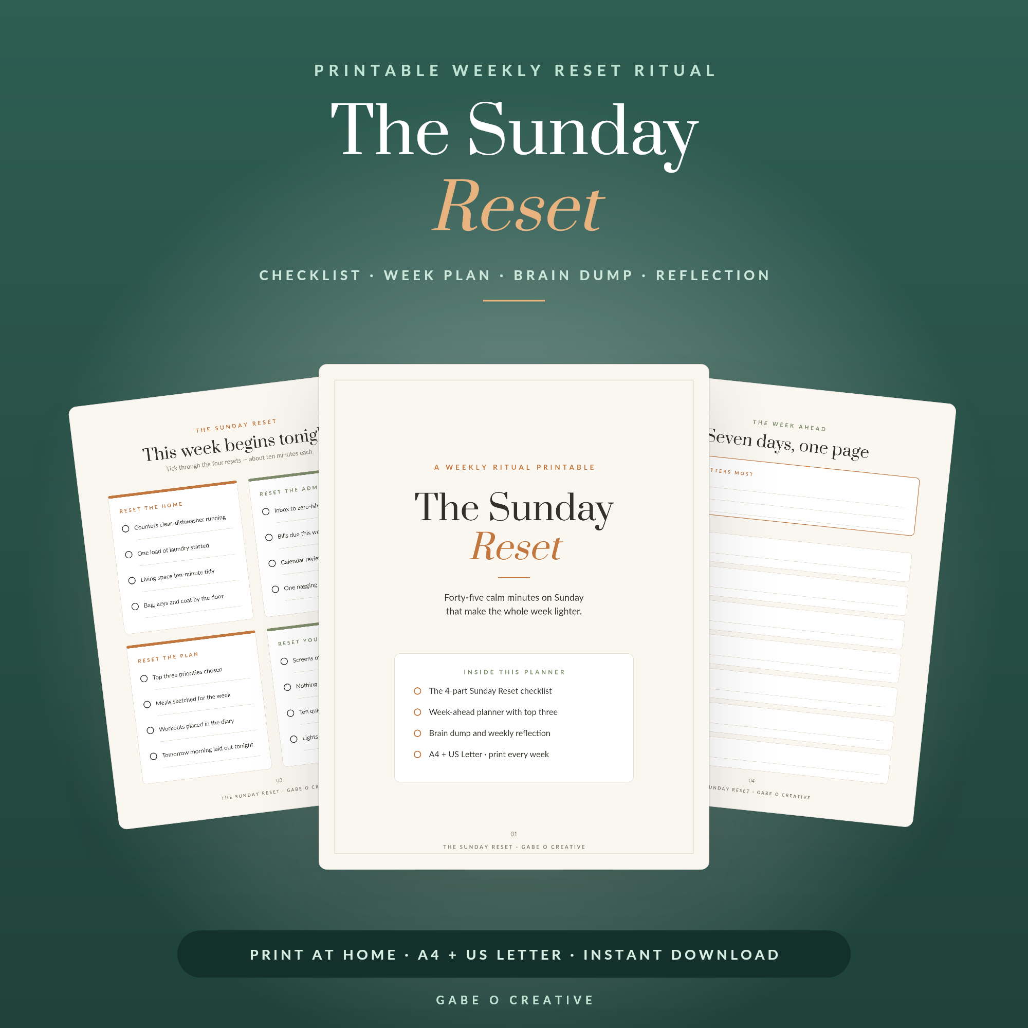 The Sunday Reset — Printable Weekly Reset Checklist & Week Planner: Home, Admin, Plan & Self Ritual, Brain Dump and Weekly Reflection (A4 + US Letter)