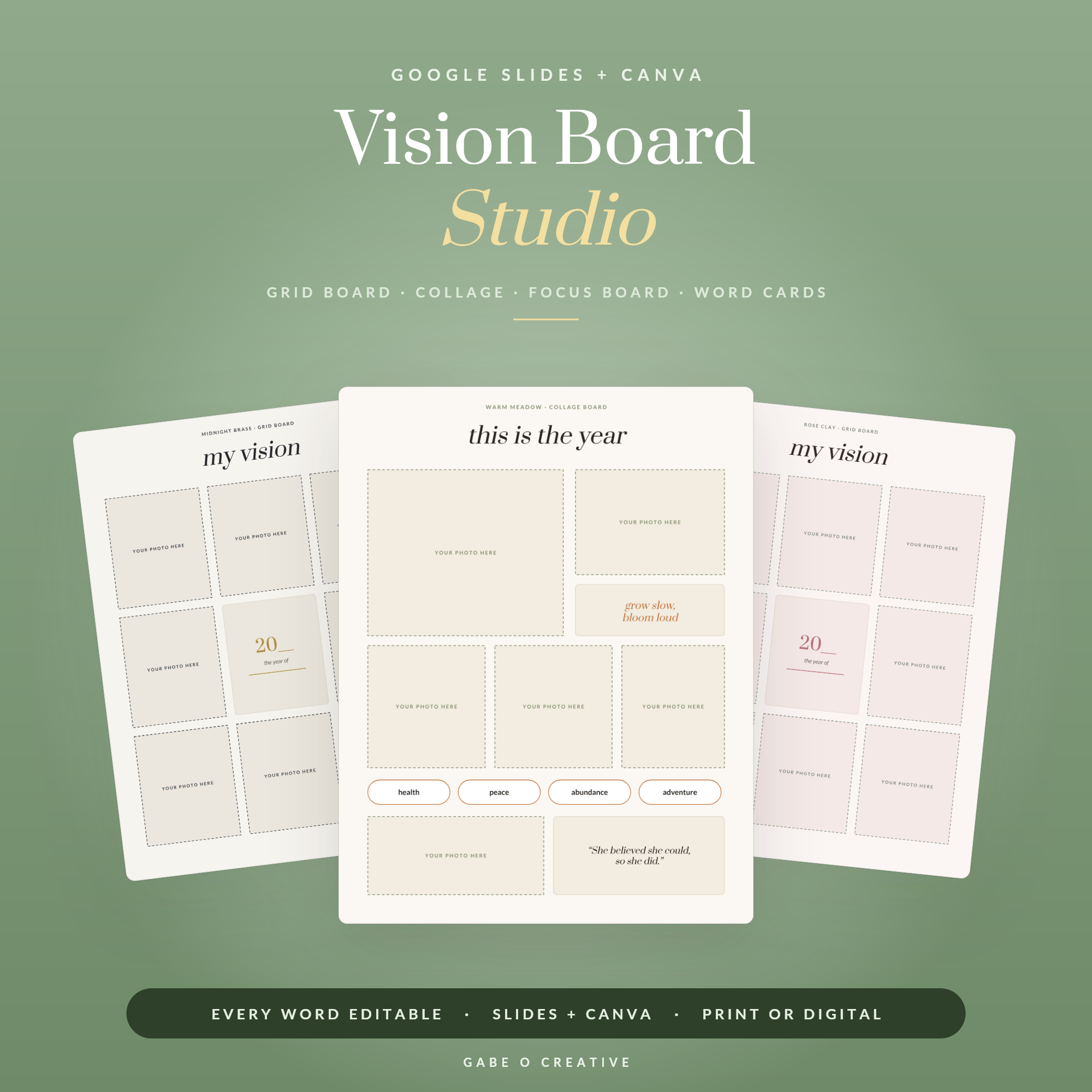 Vision Board Studio — Editable Google Slides + Canva Vision Board Kit: 3 Board Layouts, 3 Themes, Word & Quote Cards, Digital or Printable