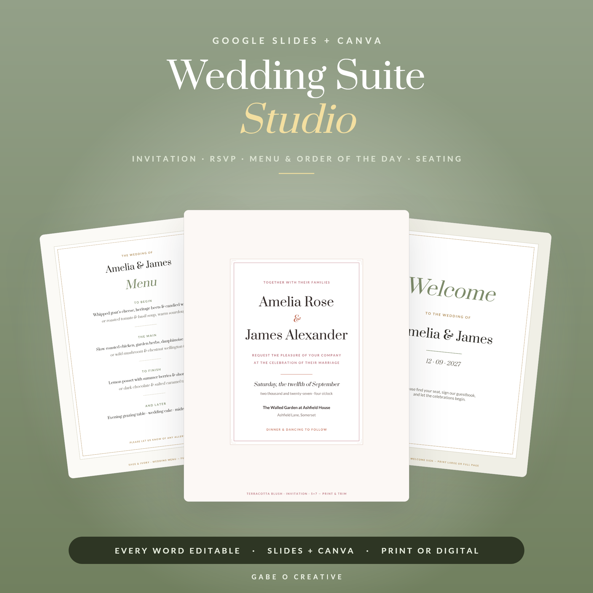 Wedding Suite Studio — Editable Wedding Invitation Template Set for Google Slides & Canva: Invitation, RSVP, Menu, Program, Welcome Sign, Seating Chart & Thank You, 2 Palettes