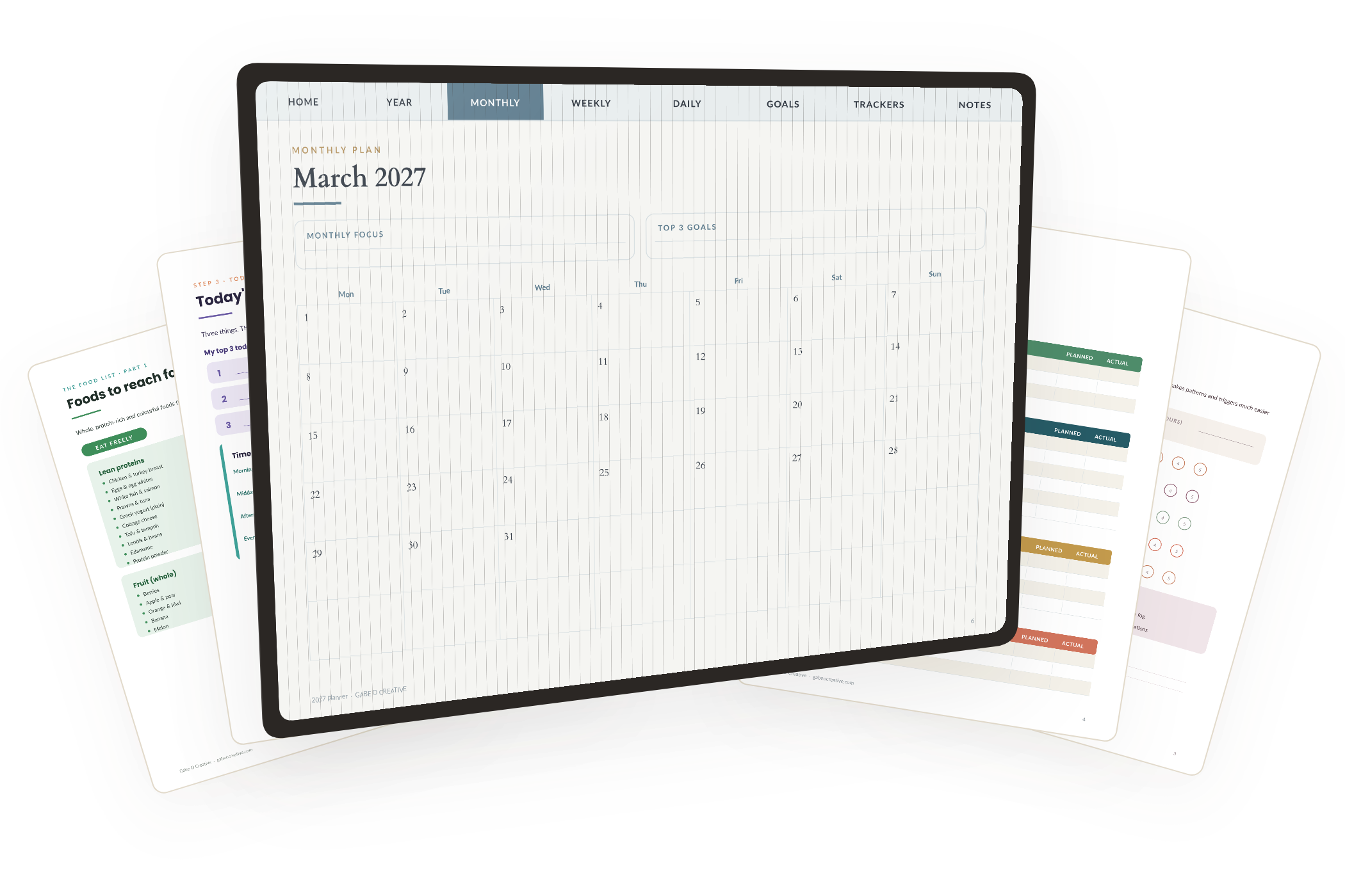Digital planner shown on a tablet with two printable guide pages fanned behind it